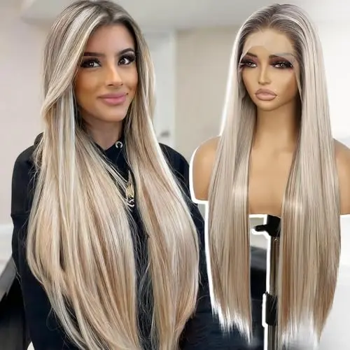 Sapphirewigs highlight ash blonde with brown roots straight lace front wig