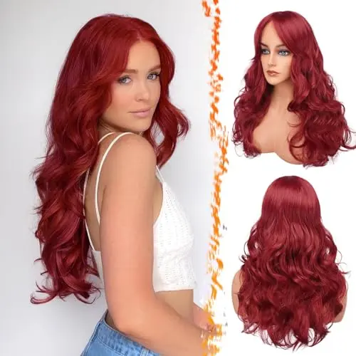BARSDAR long red wig with curtain bangs and layered waves