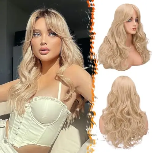 BARSDAR 26 inch long wavy layered beige blonde wig with curtain bangs