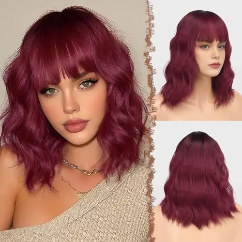 FESHFEN wine red shoulder-length wavy bob wig with bangs on a model