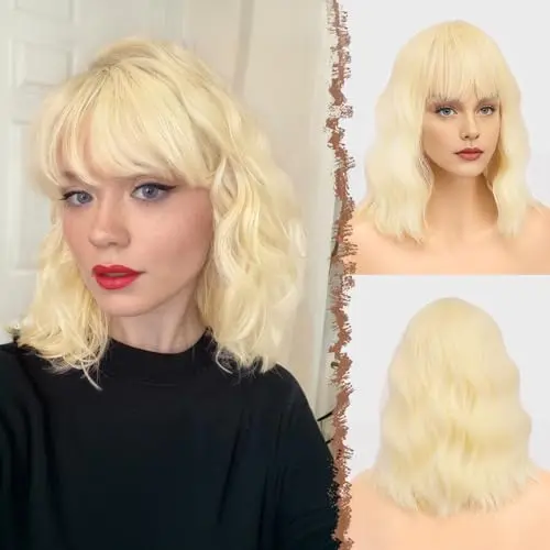 FESHFEN 14 inch light blonde wavy bob wig with bangs