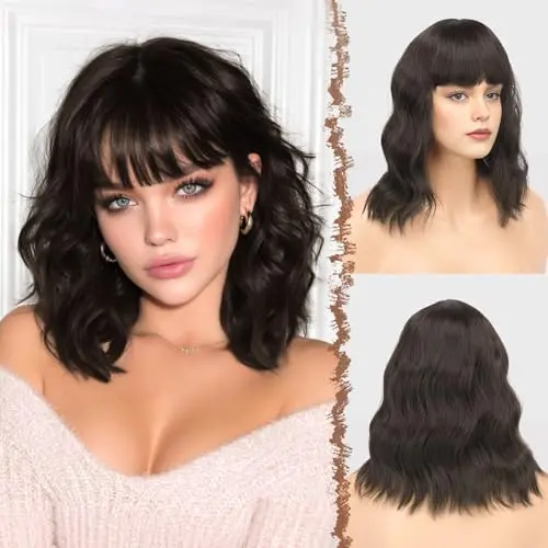 FESHFEN short wavy brown bob wig with bangs and adjustable cap