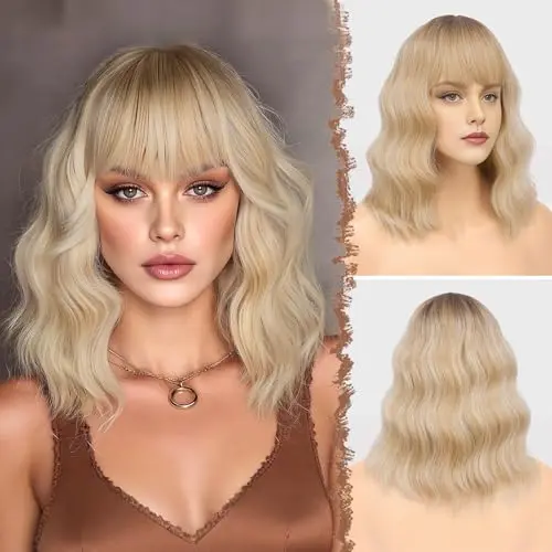 FESHFEN ombre blonde wavy bob wig with bangs displayed on a model