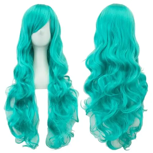 Lake blue long curly wig with bangs displayed on a mannequin head
