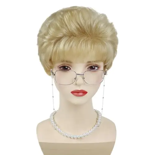 Blonde old lady wig set with glasses and pearl necklace