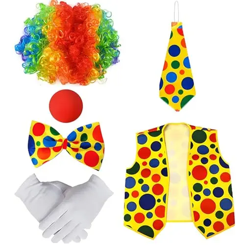 Clown dress-up set with rainbow wig, red nose, vest, bow tie, and gloves