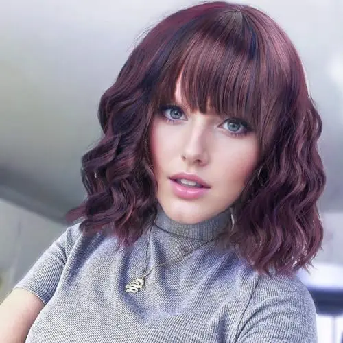 VCKOVCKO 12 inch burgundy and blue synthetic wavy bob wig with air bangs
