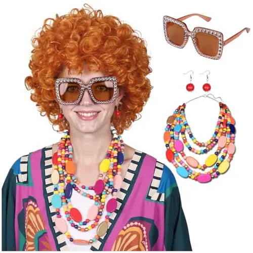 Curly orange red cosplay wig with sunglasses, necklace, and earrings set