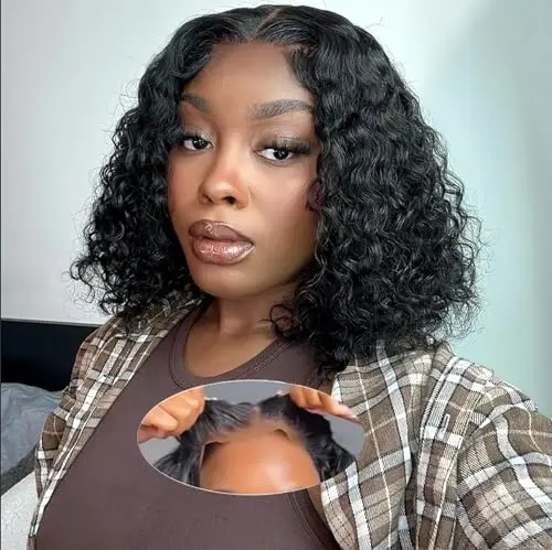 WENYAN 16 inch deep curly glueless bob wig with 4x4 lace closure