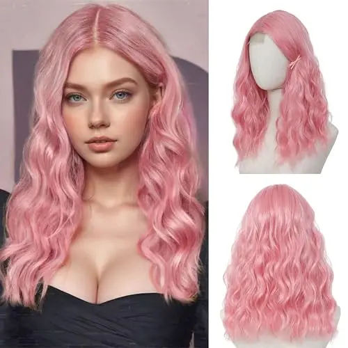 BUPPLER 18 inch middle part wavy pink wig