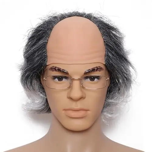 Gvhntk short curly old man bald cap wig set with glasses