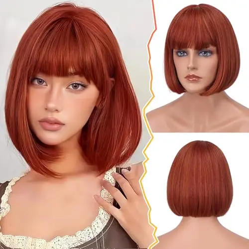 Auburn bob wig with straight-across bangs on a model