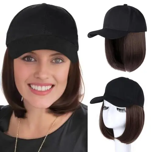 AiUree baseball cap wig with light brown short bob hair attached