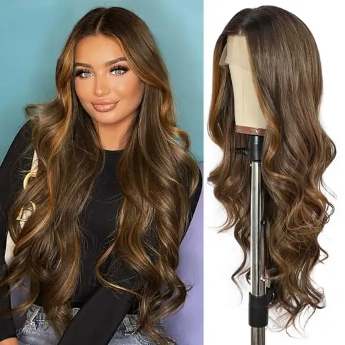 Sapphirewigs 134 highlight brown long wavy glueless synthetic wig with 13x4 lace front