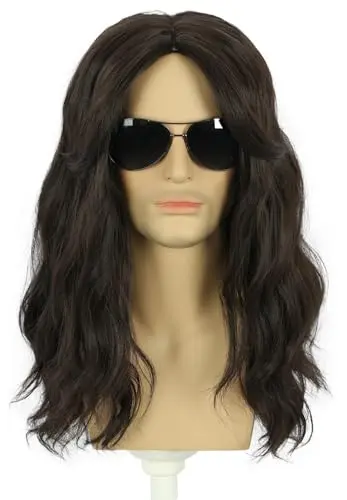 Dark brown long curly rocker wig on a man