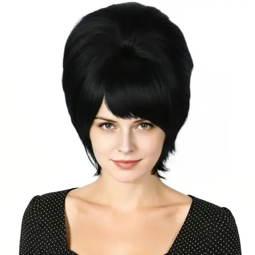 Short black 1960s beehive bouffant wig by Linfairy