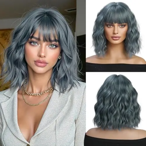 Smog blue short wavy synthetic wig with bangs