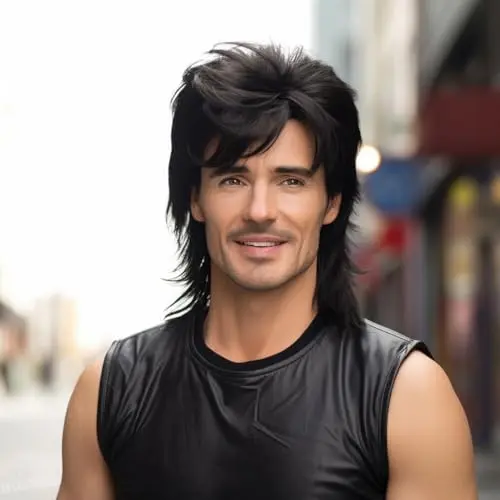 Leuik black pop rock mullet wig on transparent background