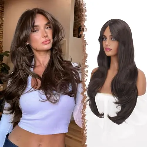 FESHFEN 26 inch layered wig with curtain bangs in medium brown