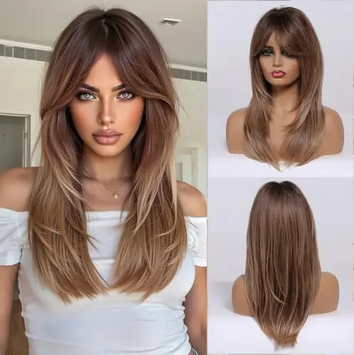 Esmee long straight layered brown to blonde wig with bangs