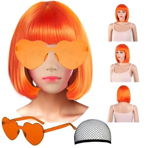 Bright neon orange straight bob wig with flat bangs