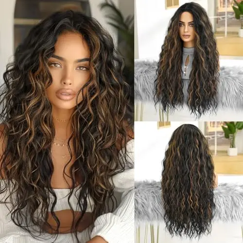 OUFEI OF8273-3 black with brown highlights water wave wig