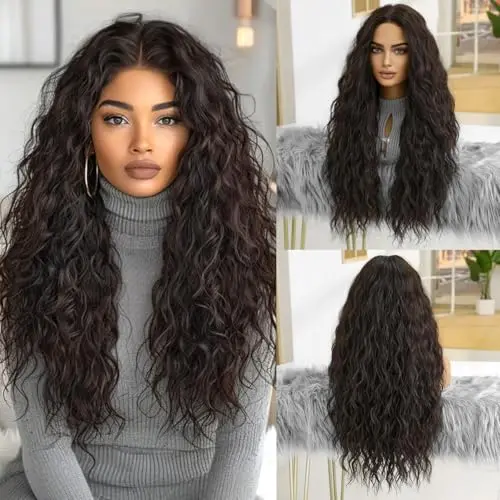 OUFEI dark brown water wave synthetic wig on a model