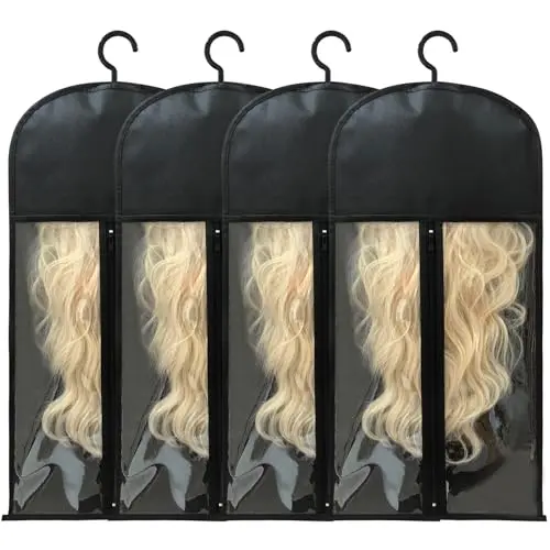 Jonley four-pack black wig storage bags with clear window and hanger