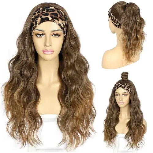 Brown loose wave synthetic headband wig with chocolate brown colour and lighter tips