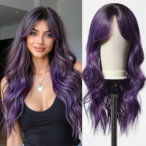 Esmee long wavy purple wig with curtain bangs