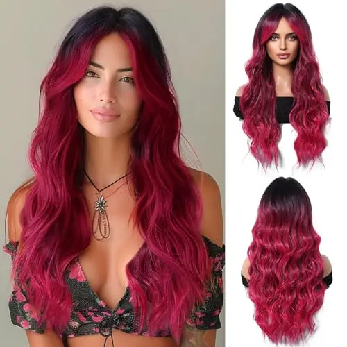Long wavy black ombre red wig with natural parting