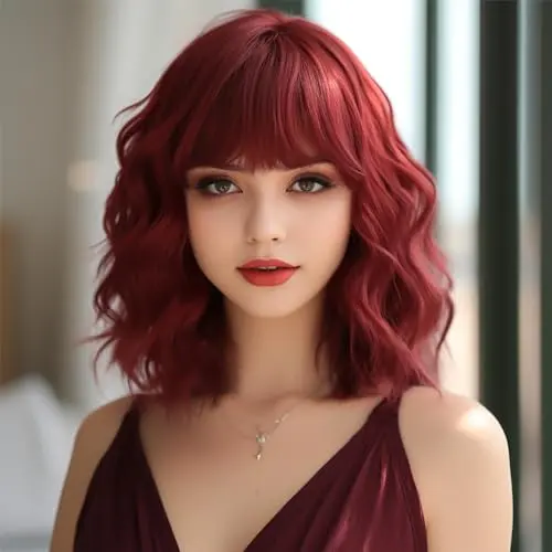 Leuik wine red bob wig with bangs and curly texture