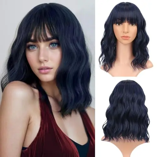 Black mix royal blue wavy bob cosplay wig with air bangs