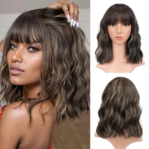 Front view of VCKOVCKO short bob honey brown mix blonde wig