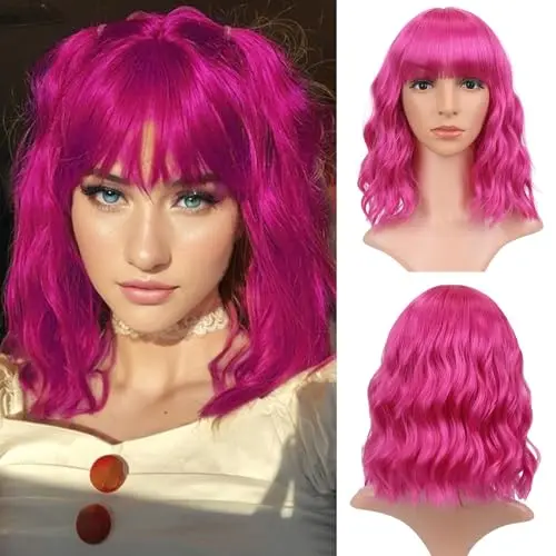 VCKOVCKO short hot pink wavy bob wig with air bangs