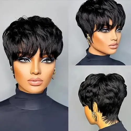Fereowth black human hair pixie wig with bangs side view