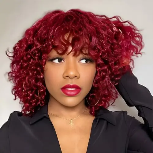 Youngirl short curly burgundy wig with bangs