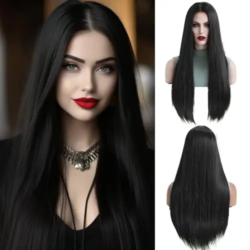 Long straight black synthetic wig with natural part