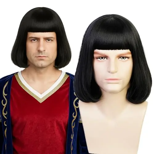 Black short straight wig with bangs on person