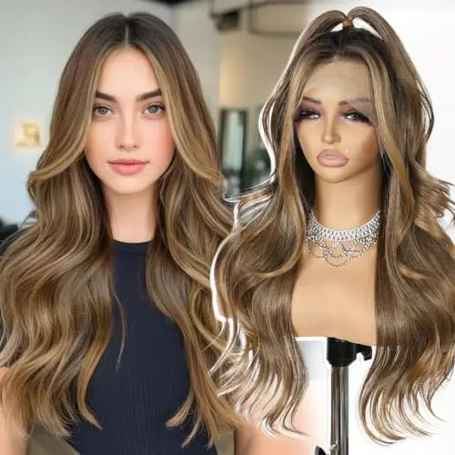 Sapphirewigs brown wavy synthetic lace front wig with highlight chestnut colour