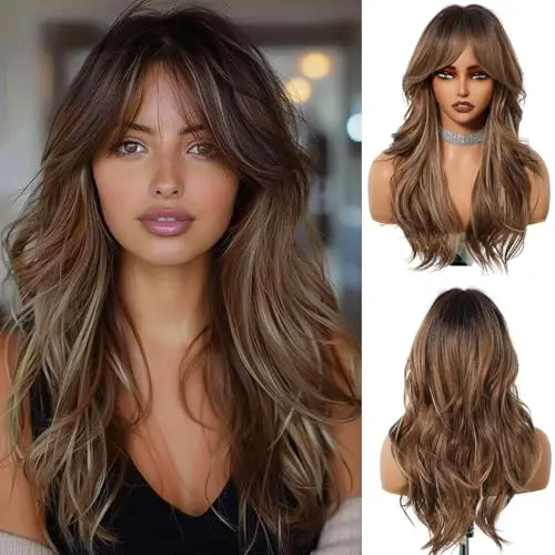 OUFEI Long Ombre Mixed Brown Wig with Bangs