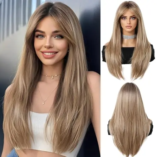 OUFEI long straight layered ombre blonde wig with dark roots