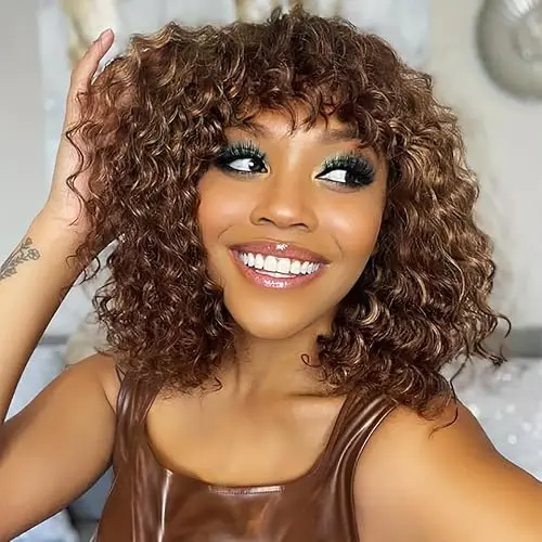 Youngirl ombre brown short curly wig with bangs