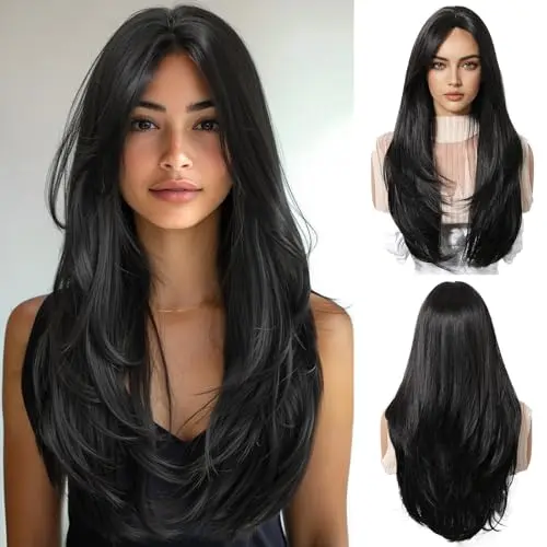 OUFEI 26 inch long kinky straight black synthetic wig