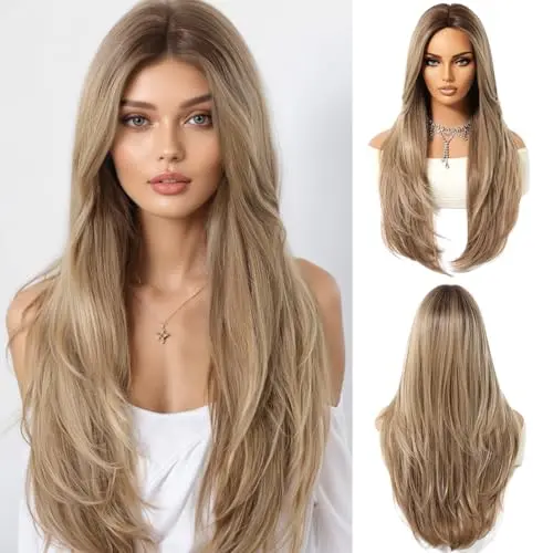 Long dark blonde kinky straight wig with ombre ash blonde colour