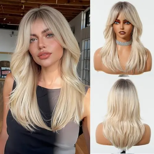 Esmee long straight synthetic blonde ombre wig with bangs 16 inch