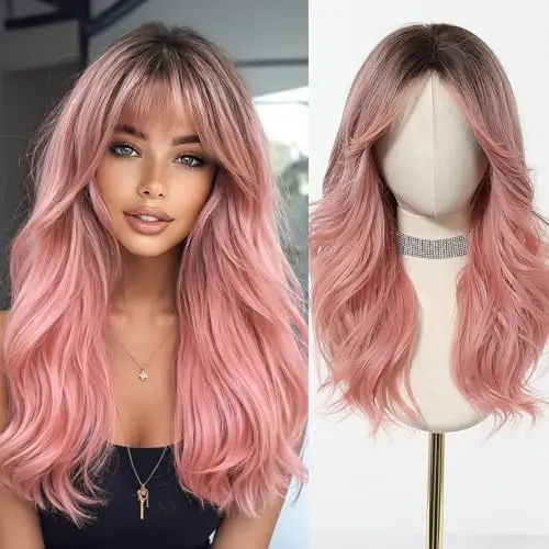 Esmee long wavy with bangs blonde pink ombre wig