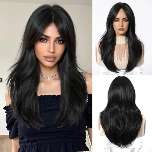 Esmee long straight dark brown 20-inch synthetic wig with bangs
