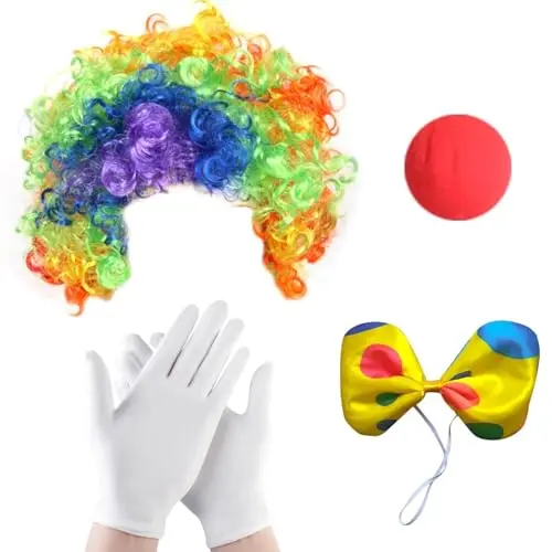 Four-piece clown costume set including wig, nose, gloves, and bow tie