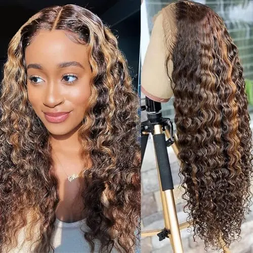 Ombre deep wave 16 inch 13x4 lace frontal wig in highlighted colour